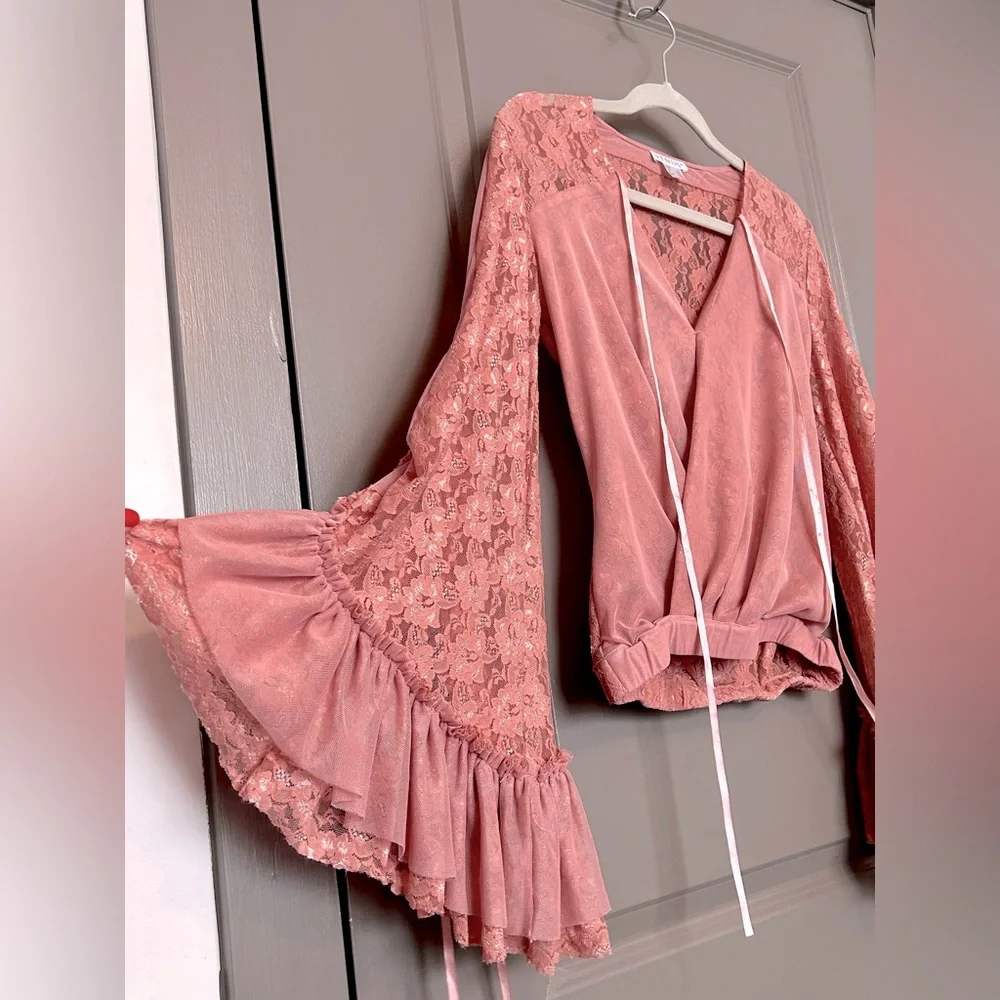 Bell Sleeve Shirt Lace Back Dressy Top with Mesh Back - Picture 6 of 6